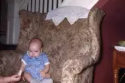 35mm Slide 1950s Red Border Kodachrome Baby Sitting in Arm Chair