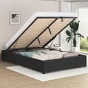 ALFORDSON Bed Frame Base with Gas Lift Storage Double Size Wilbur Series Without BedHead, Mattress Topper Platform Foundation with Linen Fabric Upholstery for Bedroom, Fabric Charcoal
