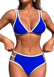 [KEOYA] Women Two Piece Bikini Set Back Tie Bathing Suit V Neck Double Straps Swimsuit Side Waist Cutout Thong Suit