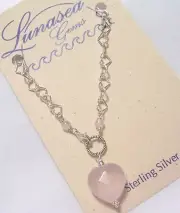 LUNASEA TREASURES HEART ROSE QUARTZ LARGE FACETED GEMSTONE BEAD BRACELET 7" NEW