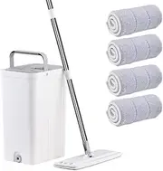 Qiccijoo Mop and Bucket Set,Flat Floor Mop and Bucket with Wringer Set for Home Floor Cleaning,Stainless-Steel Handle, 4 Washable & Reusable Microfiber Pads for Hardwood Laminate Floors,Tile