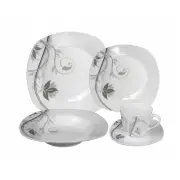 20 Pcs Porcelain Square Dinnerware Set - Matte Silver and Black Floral Design