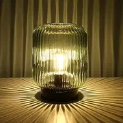 LUSHARBOR Battery Operated Lamp, Cordless Table Lamps for Home Decor, Battery Powered Nightlight with LED Bulb, Decorative Glass Beside Lamp for Bedroom Living Room-Green