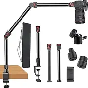Homodoskey Overhead Camera Mount Desk Stand, 3-Section Flexible Detachable Articulating Arm with 1/4“ 3/8" 5/8" Screw&360° Ball Head, C-clamp Tabletop Mount for DSLR Camera/Webcam/Microphone/Lights