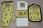 NWT Kitchen Towel Set Oven Mitt, Pot Holder, Towel Yellow w/Navy Berries