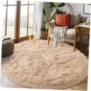 4x4 Round Shaggy Beige Rugs for Living Room - Soft Plush Carpet for Bedroom,
