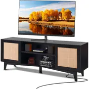 Rattan TV Stand with Built-in Socket for 75" TV, Modern Console with Storage Cabinets
