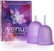 Venus Menstrual Cup Starter Kit - Set of 2 Cups in 1 Package - Perfect for Beginners - FDA Registered & 100% Medical Grade Silicone Reusable Period Cups - Made in USA - Sizes Small+Large - Purple
