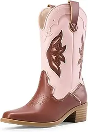 [DREAM PAIRS] Kids Cowgirl Cowboy Western Boots Girls Mid Calf Riding Shoes Little Kid/Big Kid, Pink Brown, 13 UK Child