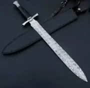 Hand Forged Damascus Steel Full Tang Black Handle Viking Sword With Sheath