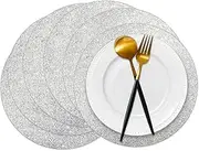 50 Pieces Silver Glitter Paper Place Mats Sparkle 14'' Round Disposable Table Mats Silver Sequin Doilies Decorative Placemats for Wedding Banquet Party Home Dining Tableware