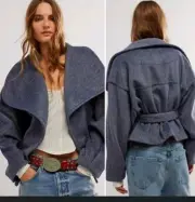 Free People Mina Jacket Slouchy Wrap Front Belted Waist Tie Upscale Chic L $168