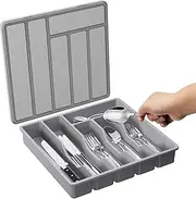 Silverware Tray with Lid – Stackable Utensil Storage Box, 6-Compartment Flatware Organizer | Portable Cutlery Holder for Spoons, Forks, Knives, Transparent Cover, Dishwasher-Safe Drawer Insert