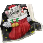 Cute Grey Kitty in Red Angle Christmas Sock Throw Blanket