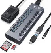 Powered USB 3.0 Hub, 10 Ports 36W Powered USB Hub, Aluminum USB Splitter