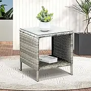 LIVSIP Outdoor Furniture Garden Table Desk Rattan Side Cafe Tables Glass on Top 41X41X46CM, Gray