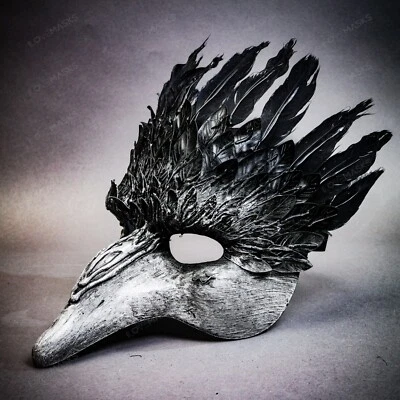 Grey Black Feather Masquerade Mask Short Nose Bird Costume for Halloween Party