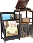 Record Player Stand with Vinyl Storage，200 LP Wooden Record Display Table for Al