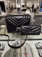Michael Kors Whitney Medium Shoulder Bag Crossbody Satchel Black+ Trifold Wallet