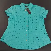 Chico's Top Shirts Women's Linen Embroidered Short Sleeves Blue Size 2