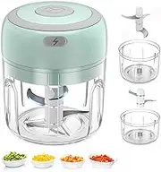 Electric Mini Food Chopper, Rechargable Small Food Processor for Garlic, Puree, Onion, Herb, Veggie, Ginger, Fruit Blender (250ml+100ml 2 cups, Green)