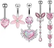 [Niaspi] 5Pcs 14G Pink Butterfly Heart Flower Belly Button Rings Set for Women Girls Dangling Cubic Zirconia Crystal Belly Navel Rings Belly Curved Barbell Body Piercing Jewelry, Stainless Steel, cubic