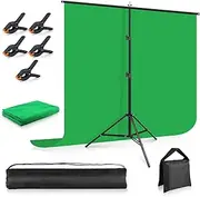 Foccalli Green Screen Backdrop with Stand 5x6.5ft, Photography Backdrop Stand with Chromakey Muslin Background, 5 Backdrop Clips and Sandbag for Streaming Gaming Photoshoot (5x6.5ft/150x200cm)