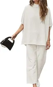 [MAIABLEAU] Women's Two Piece Outfits 3/4 Batwing Sleeves Capelet Crew Neck Pullover Top Wide Leg Pants Lounge Set
