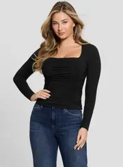 GUESS Women's Black Adrianna Shirred Top Size: Large, Elastane