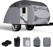 Teardrop Travel Trailer Cover Fits 10'-12' Trailers, 7 Layers Top Heavy Duty Camper Cover Waterproof, Camping Trailer Cover with Windproof Strap, RV Cover for R-Pod Trailers, Clamshell Trailers, Gray
