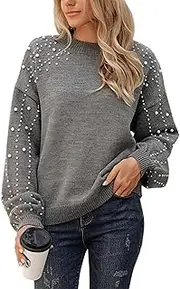 [Blooming Jelly] Women's Chunky Sweater Crewneck Sweatshirt Knit Lantern Sleeve Oversized Pullover Sweater with Pearls