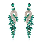 Women Rhinestones Beads with Emerald Green Crystal Long Earrings for Women Glitt
