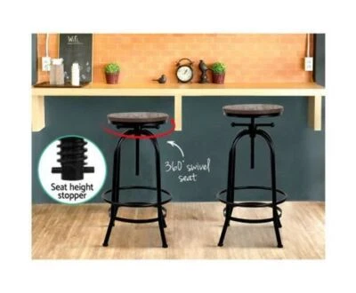 Artiss Bar Stool Industrial Round Seat Wood Metal - Black and Brown Chair Swivel