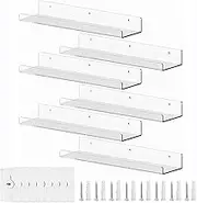 Uandhome 6 Pcs Clear Acrylic Floating Shelves, 15" Wall Mounted for Kids Bookshelf, Display Ledge for Bedroom, Living Room, Bathroom, Kitchen