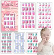 MUACHCHA 120 Pcs 5 Pack Children Acrylic Glitter False Nails Press on Nails Pre-glue Full Cover Fake Nail Tips Stick Cute Cartoon Short Artificial Fingernails for Little Girls Kids Lovely Art