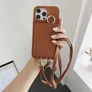 Ring Holder Mirror Card Slot Case for iPhone 13 12 Mini 15 14 11 Pro XS Max X XR 7 8 Plus Crossbody Wallet Lanyard Leather Cover,brown,for iPhone 14 Pro