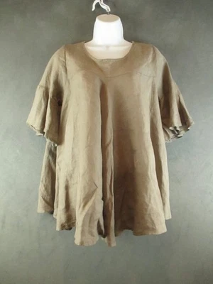 Moda Tunic Top Womens Large Brown Linen Flowy Made In Italy Ruffle Sleeve Boho