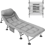 Camping Cot with Cushion and Pillow, 8 Legs Comfortable Folding Bed with Mattress for Adults, 6 Angle Luxury Recliner Lounge Chair Sleeping Mattress Indoor Outdoor Office Lounger Adult Beach Bed