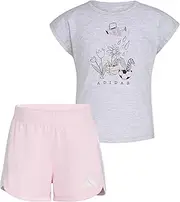 [adidas] Girls Graphic Heather Tee Shirt and Mesh Short Set