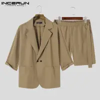 在飛比找蝦皮商城優惠-INCERUN 男士韓式時尚七分袖西裝外套+鬆緊短休閒套裝