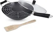 Ken Hom Non-Stick Carbon Steel 4pc Wok Set - 31cm Diameter | Glass Lid | Tempura Rack | Wooden Turner | Phenolic Handle | Gas, Electric, Ceramic, & Induction Hobs Compatible | Dishwasher Safe
