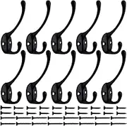 IBosins 10 Pack Heavy Duty Dual Coat Hooks Wall Mounted with 40 Screws Retro Double Hooks Utility Black No Rust Hooks for Coat, Scarf, Bag, Towel, Key, Cap, Cup, Hat (Black)
