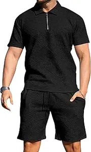 [Generic] Mens Tracksuit Casual 2 Piece Quarter Zip Polo Shirt and Drawstring Shorts Set Athletic Jogging