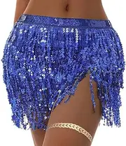 [Unicra] Belly Dance Skirt Sequins Tassel Fringe Skirts Hip Party Costume Belly Scarf Rave for Women and Girls, darkblue, M