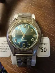 Vintage Puritan Quartz Watch Men Silver Blue Fluted Bezel Stretch Analog