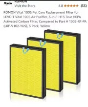 NEW 3 Pack Vital 100S Pet Allergy Filter for LEVOIT Vital 100S #100S-RF-PA