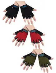 3 Pairs Kids Half Finger Gloves Sport Gloves 6-10 Years Black, Army Green, Red
