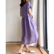 Short-Sleeve Round Neck Plain Midi A-Line Dress Purple - XL