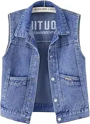 [Wisdomer] Women's Large Size Casual Denim Vest Denim Loose All-match Sleeveless Vest Casual Embroidered Vest Waistcoat