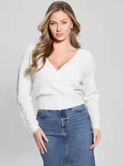 GUESS Women's White Surplice Cable Kellie Sweater Size: Large, Elastane